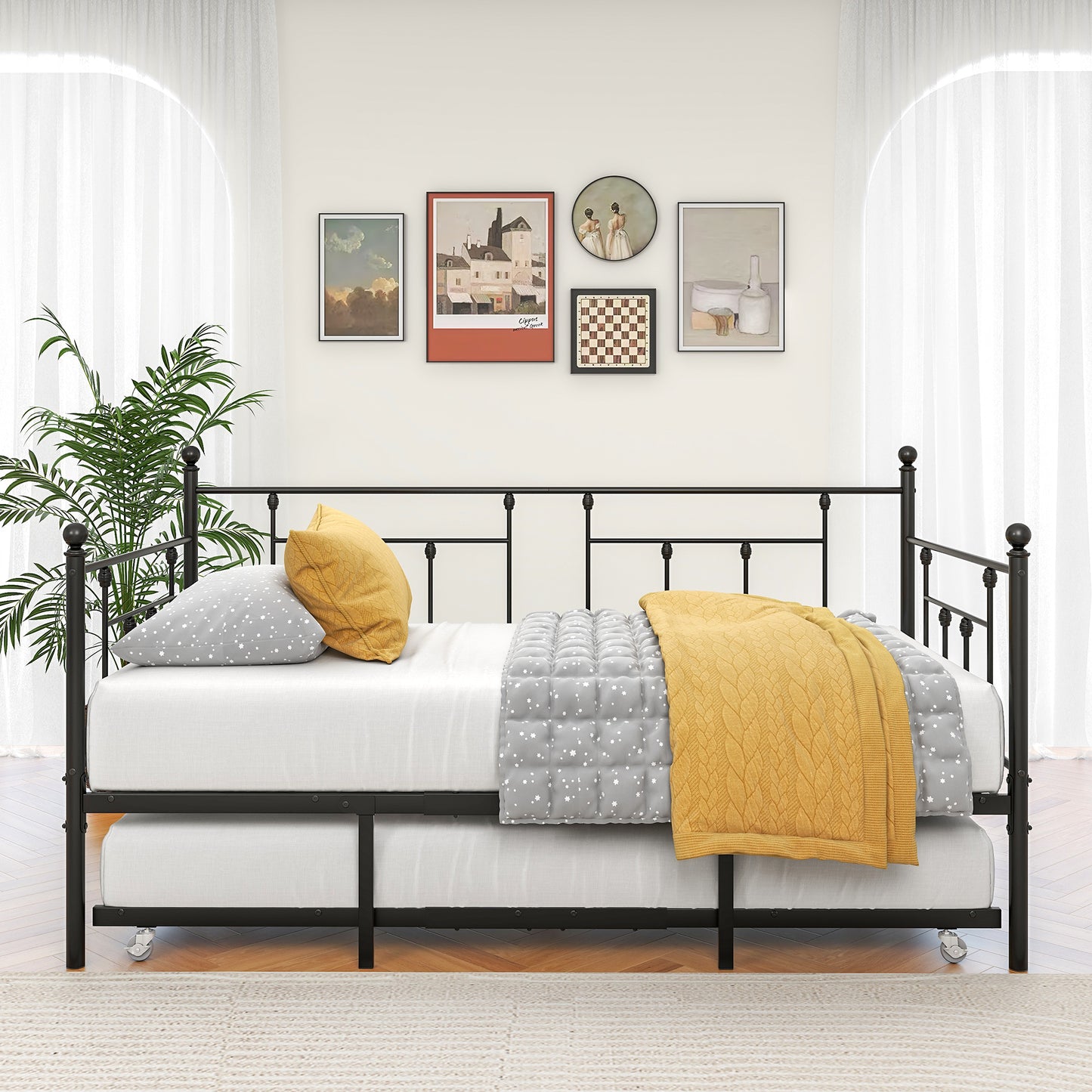 Twin-Sized Full Metal Pull-Out Daybed Bedframe with Trundle No Box Spring_1