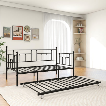 Twin-Sized Full Metal Pull-Out Daybed Bedframe with Trundle No Box Spring_10