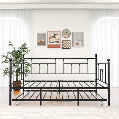 Twin-Sized Full Metal Pull-Out Daybed Bedframe with Trundle No Box Spring_11