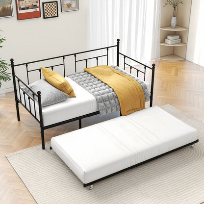 Twin-Sized Full Metal Pull-Out Daybed Bedframe with Trundle No Box Spring_4