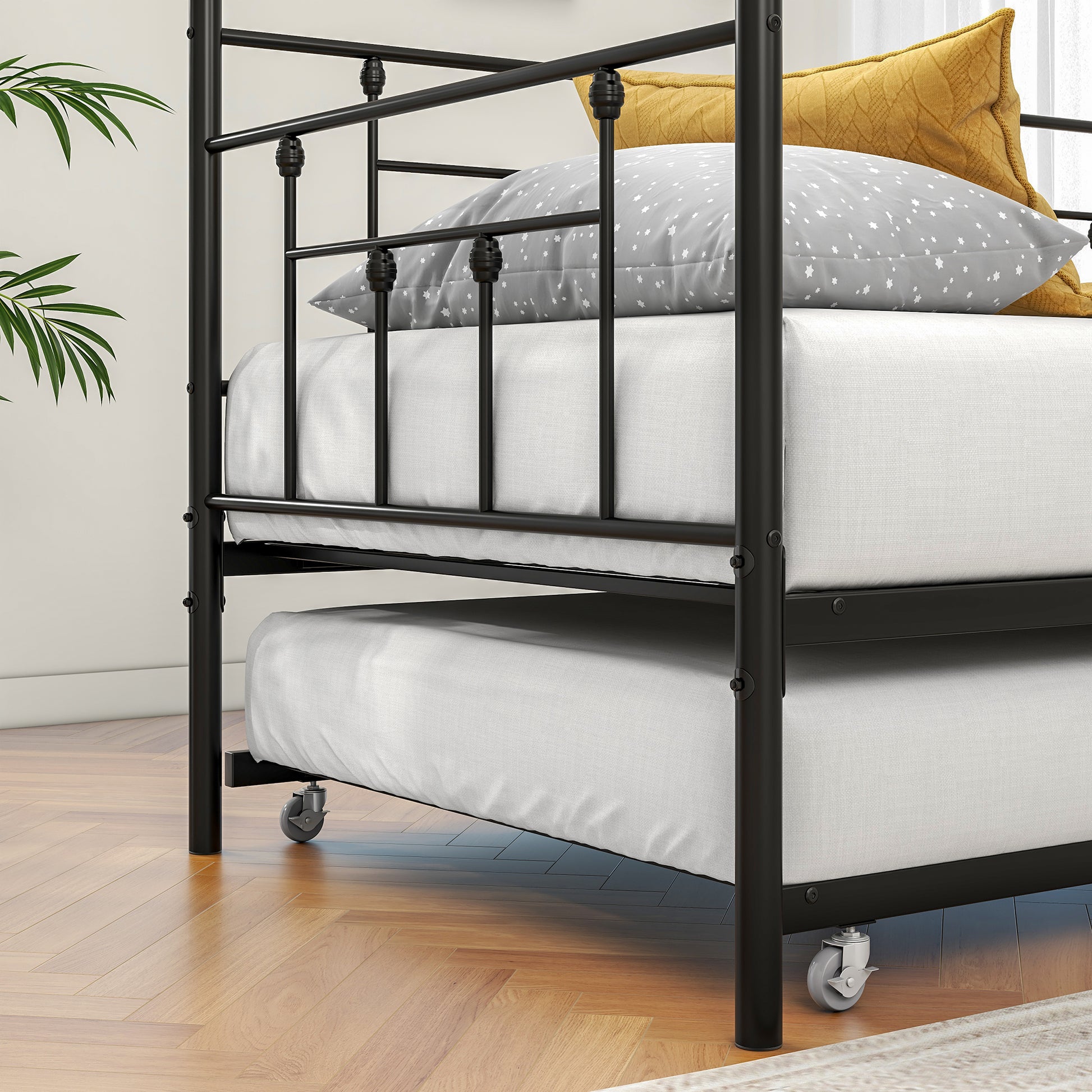 Twin-Sized Full Metal Pull-Out Daybed Bedframe with Trundle No Box Spring_8