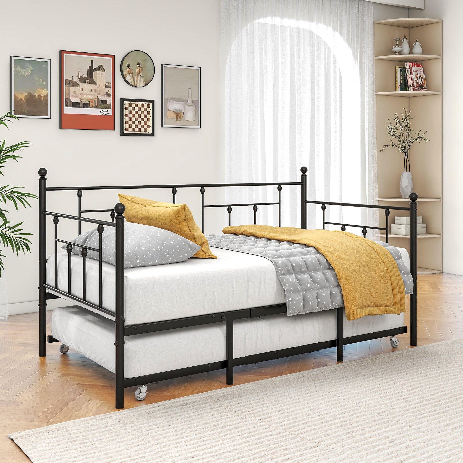 Twin-Sized Full Metal Pull-Out Daybed Bedframe with Trundle No Box Spring_2