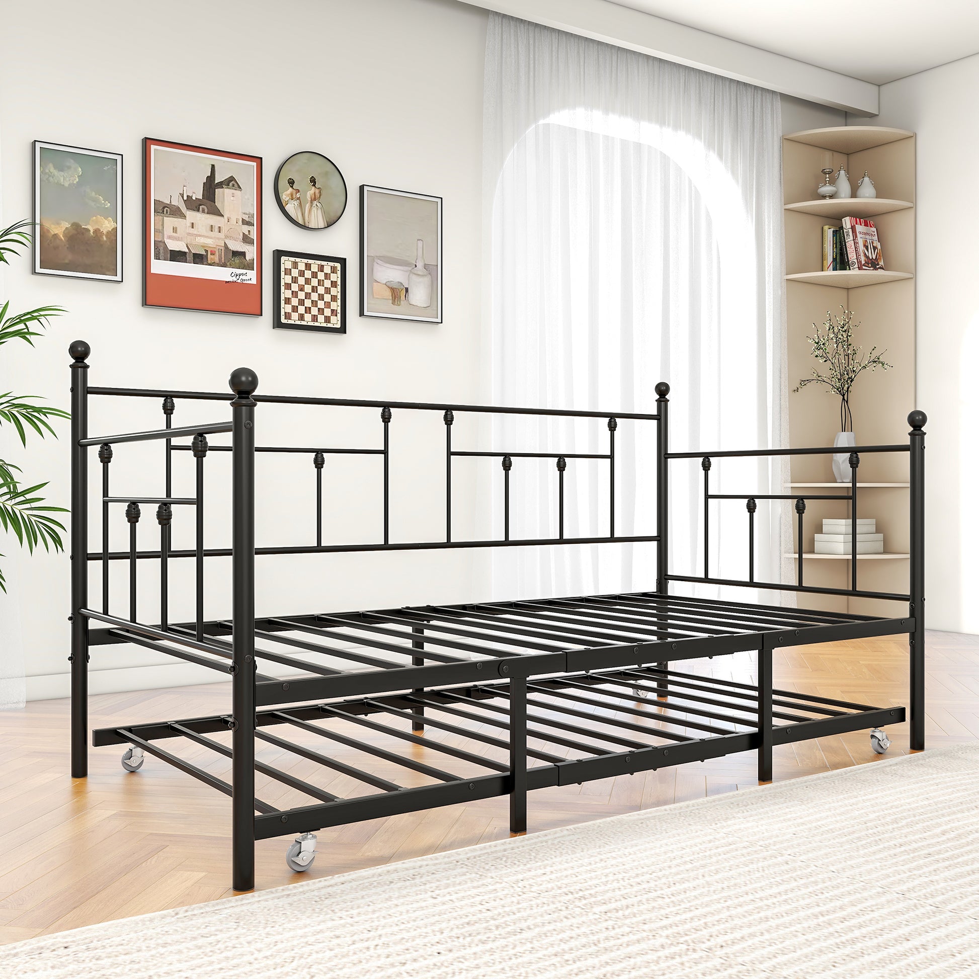 Twin-Sized Full Metal Pull-Out Daybed Bedframe with Trundle No Box Spring_5