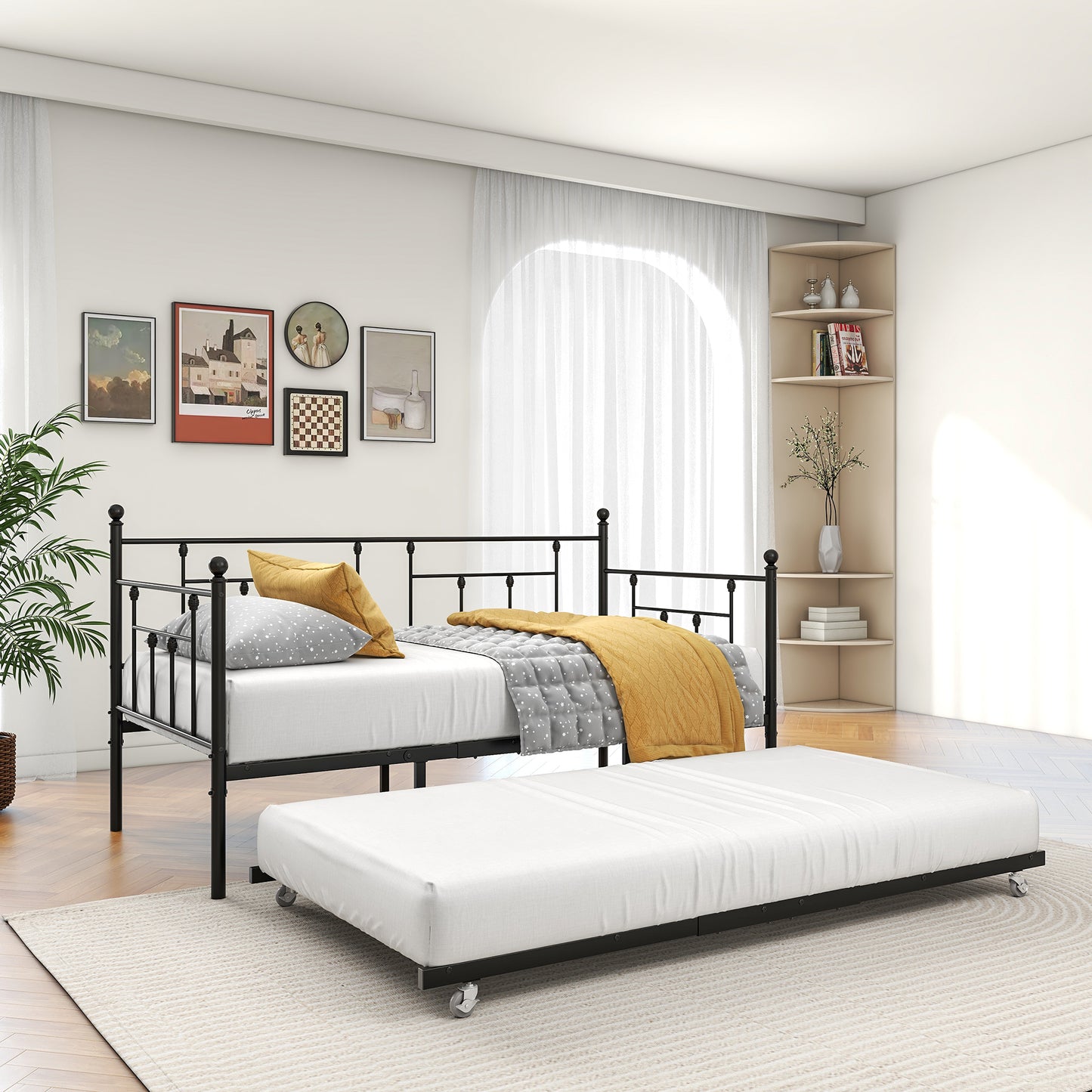 Twin-Sized Full Metal Pull-Out Daybed Bedframe with Trundle No Box Spring_3