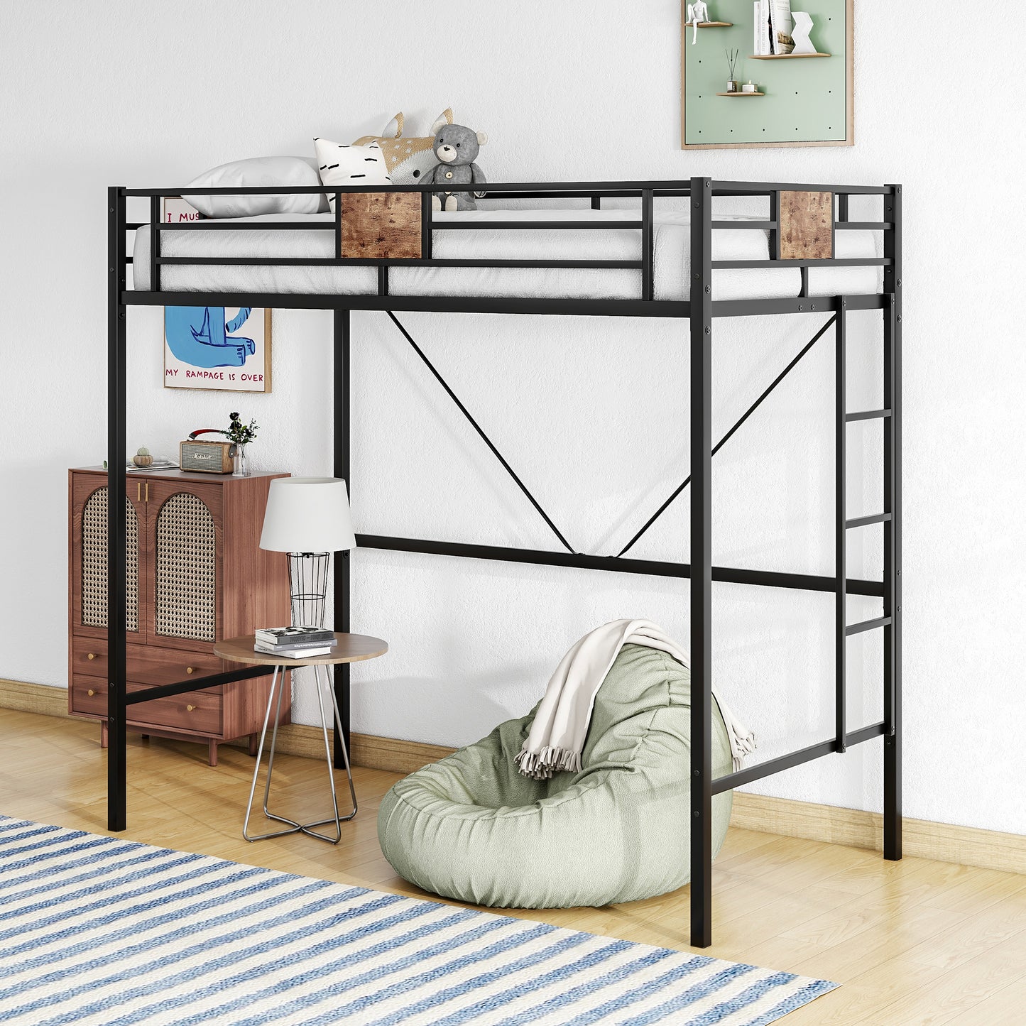 Easy Assembly Twin Sized Full Metal Loft Bedframe with Stairs and Rail_1