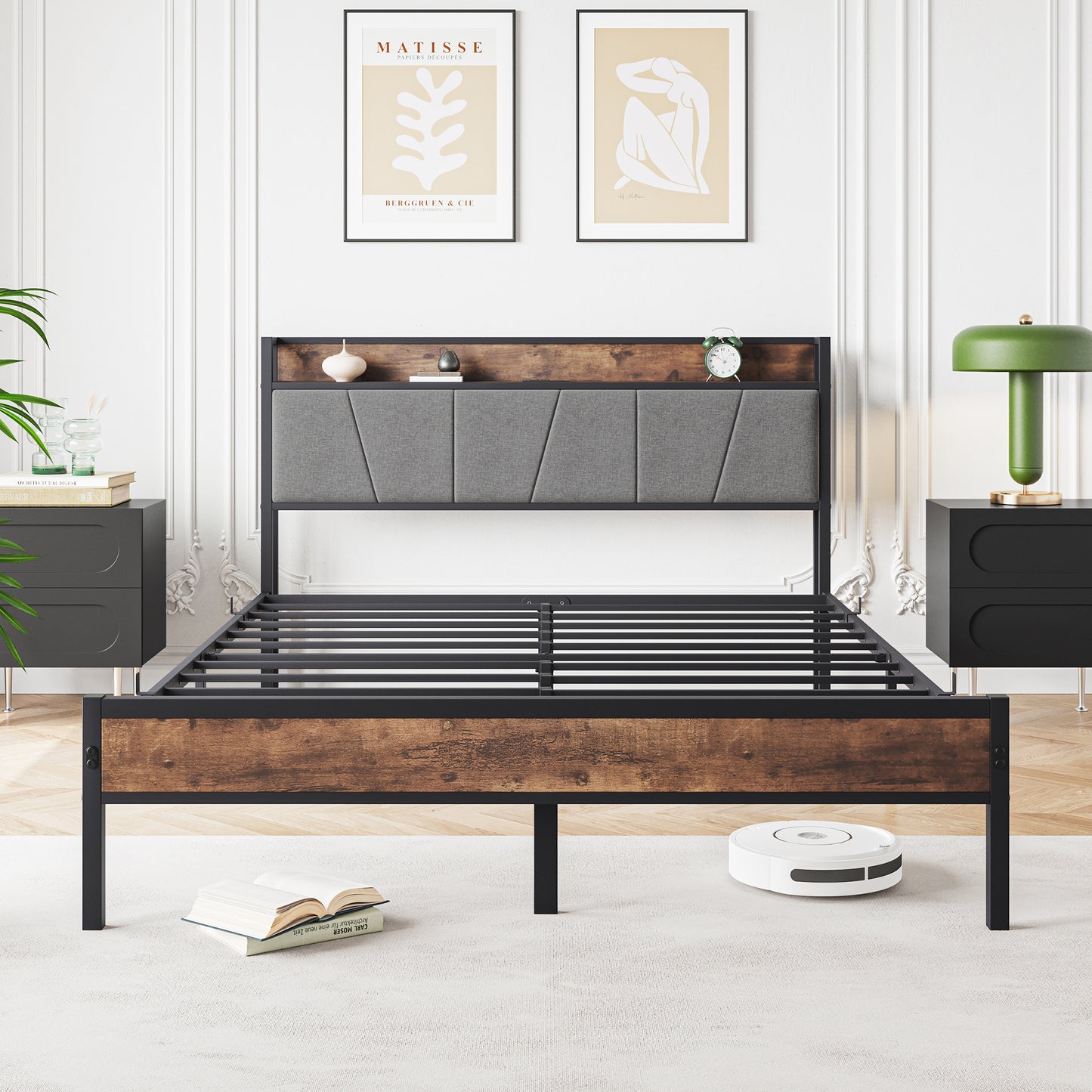 Queen-Sized Platform Bedframe with Storage and Rustic Wooden Head Board_2