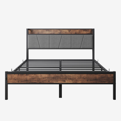 Queen-Sized Platform Bedframe with Storage and Rustic Wooden Head Board_8