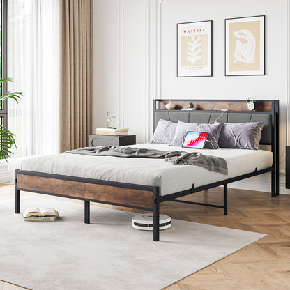 Queen-Sized Platform Bedframe with Storage and Rustic Wooden Head Board_1