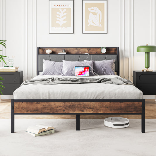 Queen-Sized Platform Bedframe with Storage and Rustic Wooden Head Board_0