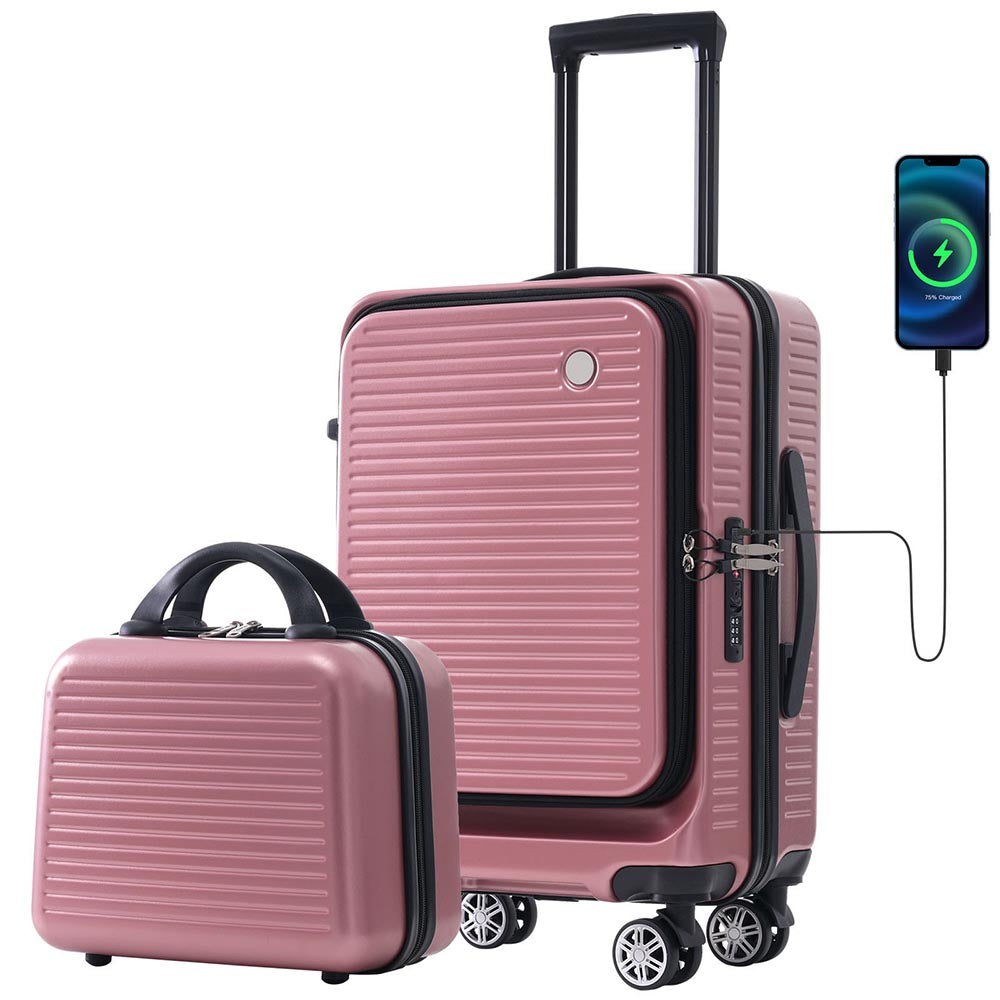 20 Inch Front Open Luggage Lightweight Suitcase with Front Pocket and USB Port - Rose Gold_1