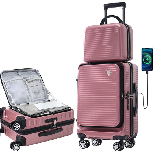 20 Inch Front Open Luggage Lightweight Suitcase with Front Pocket and USB Port - Rose Gold_0