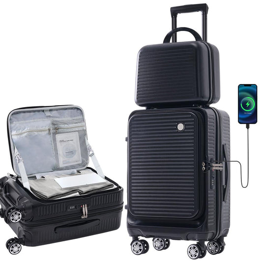 20-Inch Carry-on Luggage with Front Pocket, USB Port, and Carrying Case - Black_0