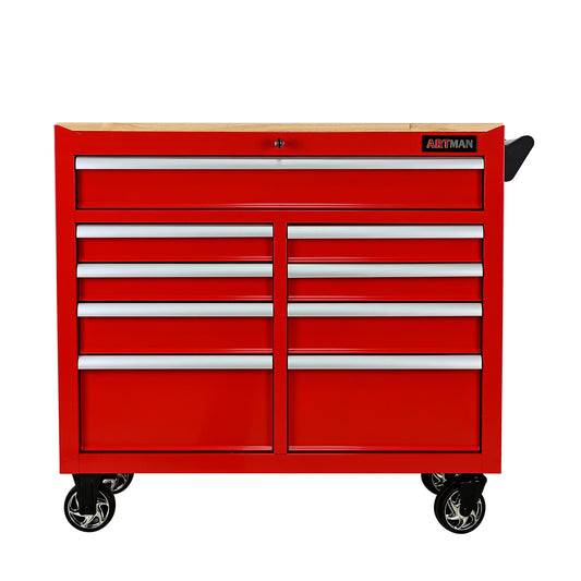 9-Drawer Tool Cart with Wheels & Wooden Top - Red_0