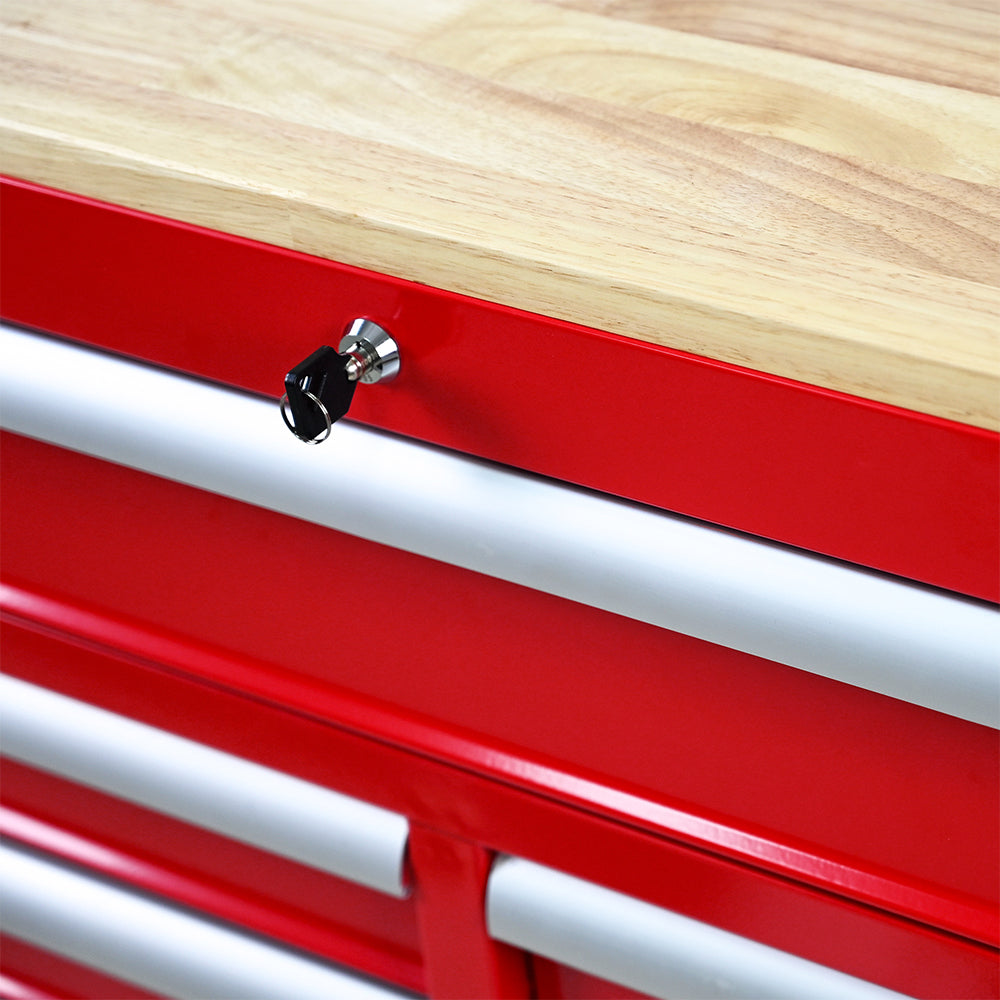 9-Drawer Tool Cart with Wheels & Wooden Top - Red_6