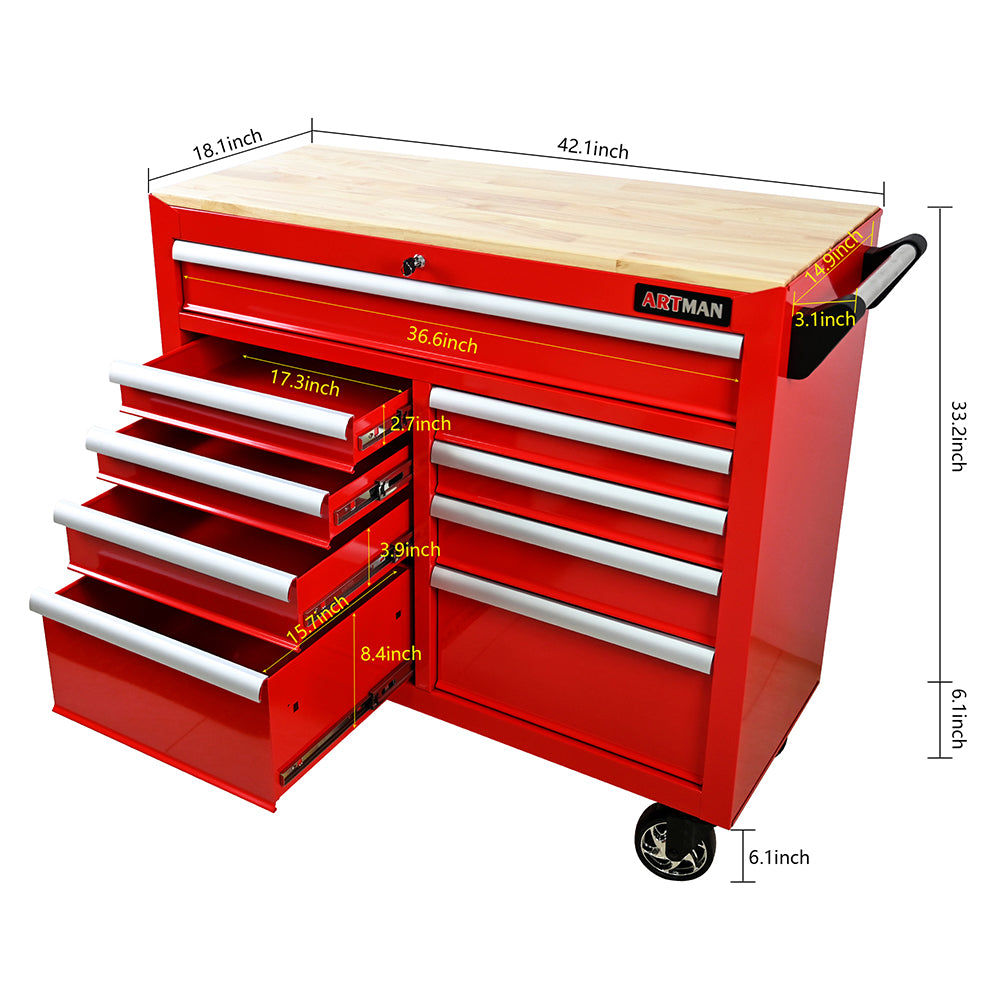 9-Drawer Tool Cart with Wheels & Wooden Top - Red_9