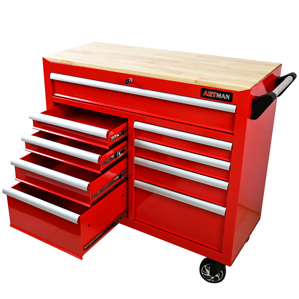 9-Drawer Tool Cart with Wheels & Wooden Top - Red_4