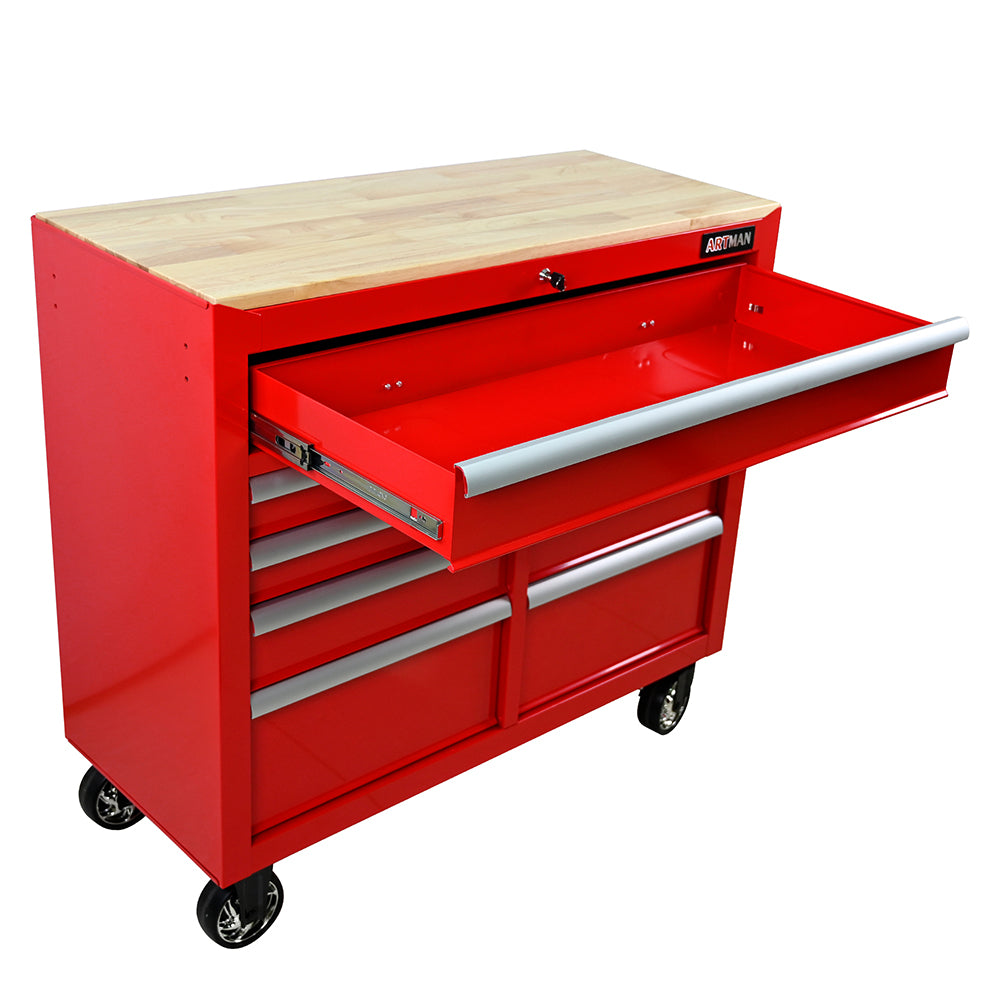 9-Drawer Tool Cart with Wheels & Wooden Top - Red_2