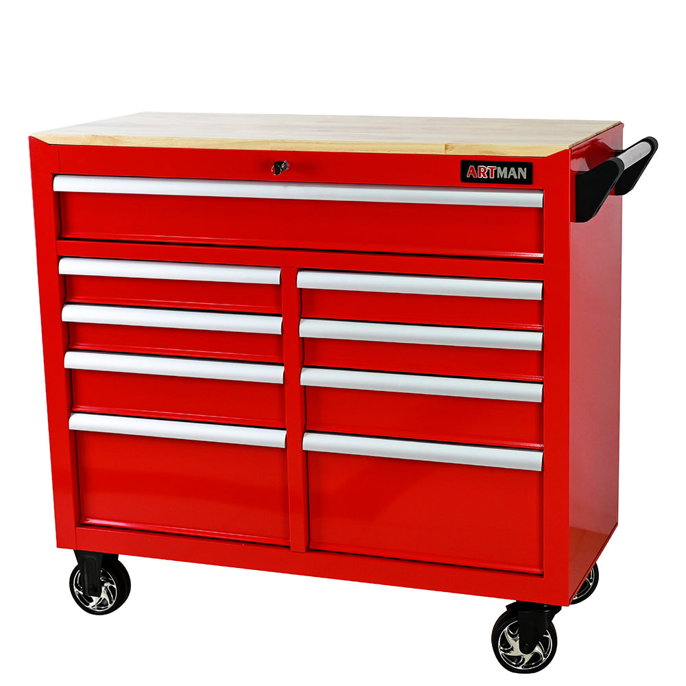 9-Drawer Tool Cart with Wheels & Wooden Top - Red_1